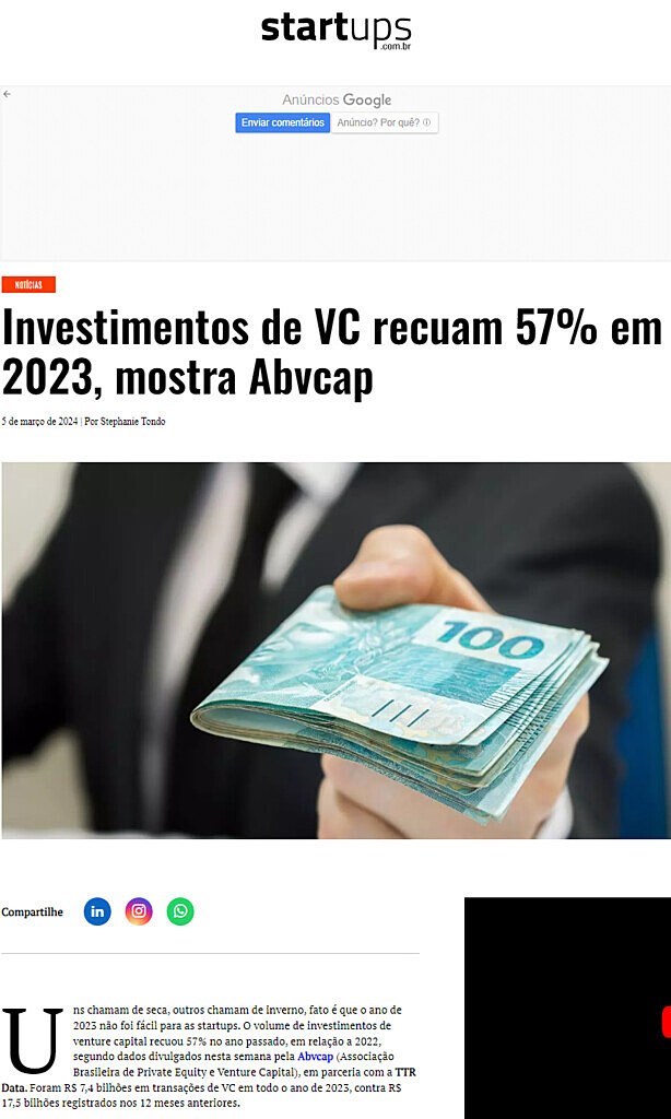 Investimentos de VC recuam 57% em 2023, mostra Abvcap